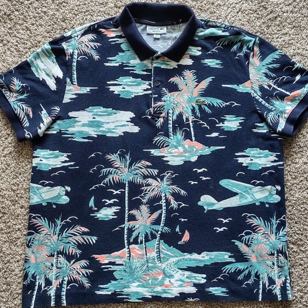 Lacoste Polo Shirt Men's 2XL Navy Polo Regular Fit Tropical Hawaiian Print Pique